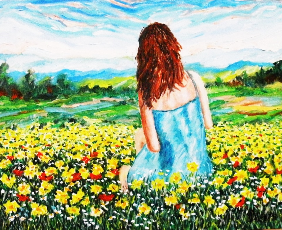 SEDUTA TRA LE MARGHERITE - 2011 - Olio su tela 50 x 40